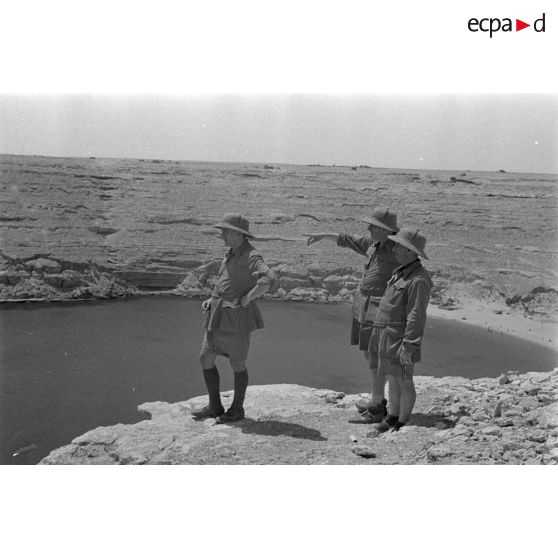 Trois artistes regardent la mer.