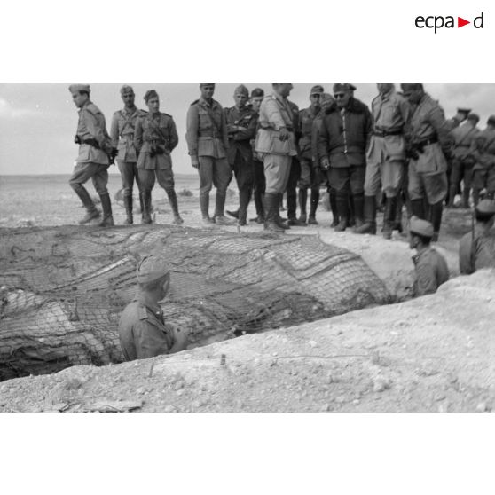 Le groupe d'officiers inspecte une position fortifiée italienne composée de tranchées et d'alvéoles camouflées avec des filets.