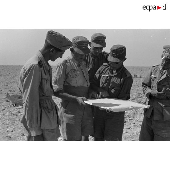 L'Oberstleutnant Karl Ens, commandant de l'Infanterie-Regiment 433 étudie une carte en compagnie d'officiers allemands et d'un Italien.