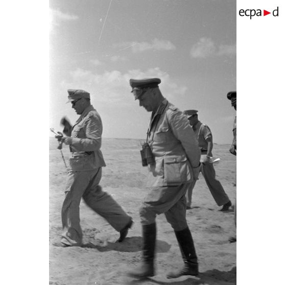 Les maréchaux Kesselring et Rommel marchent en parlant, suivis d'officiers de la Luftwaffe.