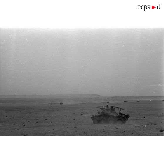 Une colonne de véhicules progresse dans le désert en produisant d'importants nuages de poussière.