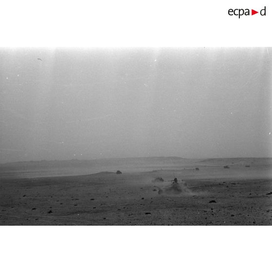 Une colonne de véhicules progresse dans le désert en produisant d'importants nuages de poussière.