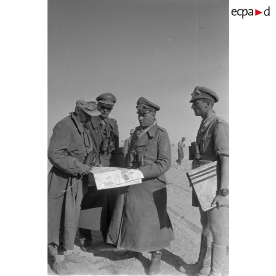 Le maréchal (Generalfeldmarschall) Erwin Rommel donne des ordres à l'Oberst Fritz Bayerlein, à l'Oberst Westphal et à un Leutnant.
