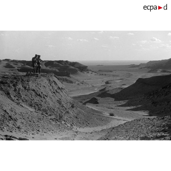 Un groupe de soldats allemands et italiens parcourt les sommets dans le secteur d'El Alamein.