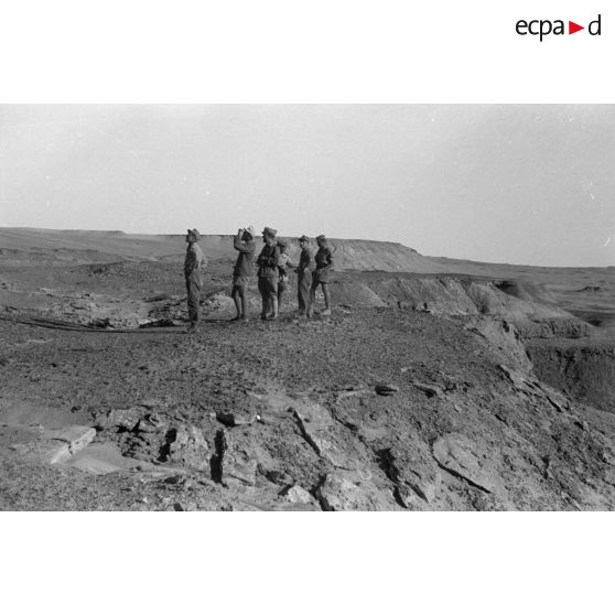 Un groupe de soldats allemands et italiens parcourt les sommets dans le secteur d'El Alamein.