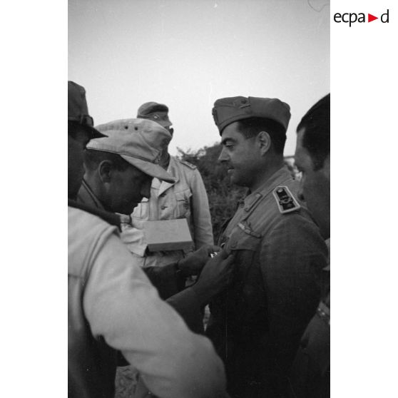 Un commandant allemand (Major) remet une décoration (la croix de fer de première classe) à un commandant italien.