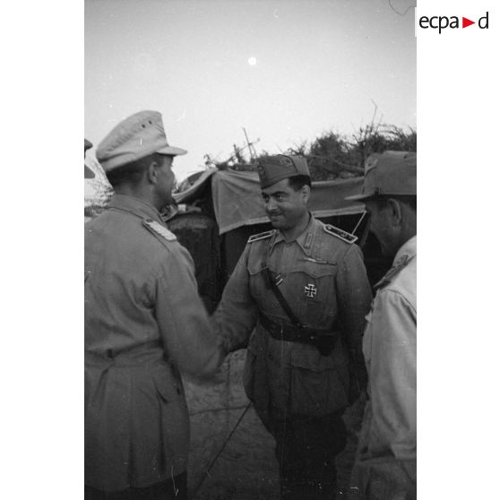 Un commandant allemand (Major) remet une décoration (la croix de fer de première classe) à un commandant italien.