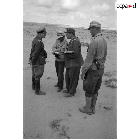 Le maréchal (Generalfeldmarschall) Erwin Rommel remet au colonel (Oberst) Bayerlein la croix allemande en or.