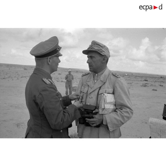 Le maréchal (Generalfeldmarschall) Erwin Rommel remet au colonel (Oberst) Bayerlein la croix allemande en or.