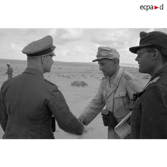 Le maréchal (Generalfeldmarschall) Erwin Rommel remet au colonel (Oberst) Bayerlein la croix allemande en or.
