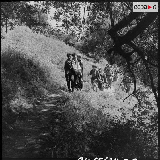 Jeunes algériens blessés sous la surveillance de soldats du 3/51e RI (régiment d'infanterie) progressant dans la montagne du nord-constantinois.