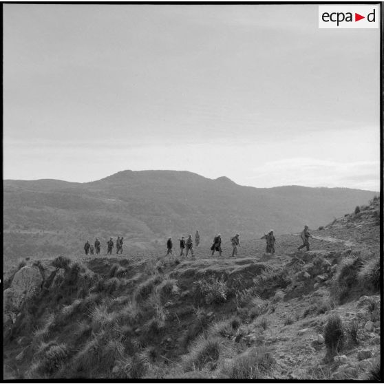 Elements du 110e régiment d'infanterie motorisée (RIM) avançant dans la vallée d'Oued Masser avec des prisonniers algériens.