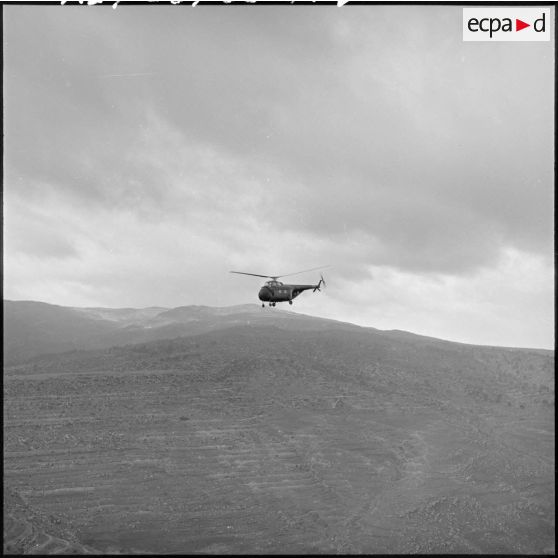 Vol d'un hélicoptère Sikorsky H-19 transportant des soldats du 1er régiment de chasseurs parachutistes (RCP) dans le djebel entre Batna et Taarist (Aurès).