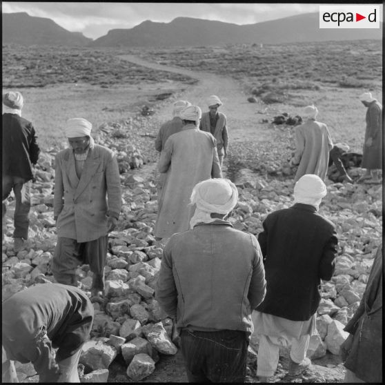 Travailleurs algériens sur un chantier de voirie dans la Section administrative spécialisée (SAS) de Khemis.