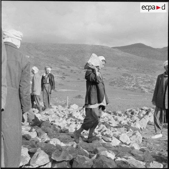 Travailleurs algériens sur un chantier de voirie dans la Section administrative spécialisée (SAS) de Khemis.