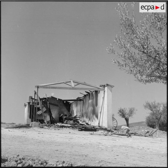 Hangar d'une ferme française d'Oranie détruite lors d'un incendie commis par le FLN.