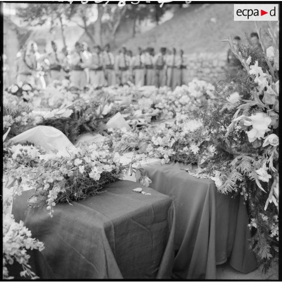 Cercueils des victimes de l'embuscade de Palestro lors des obsèques militaires à l'hôpital Maillot d'Alger.