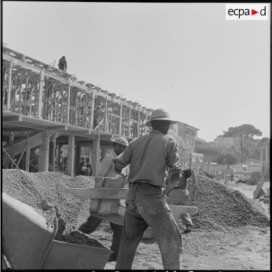 Des ouvriers algériens travaillent sur les chantiers de construction de nouveaux immeubles pour la ville d'Oran.