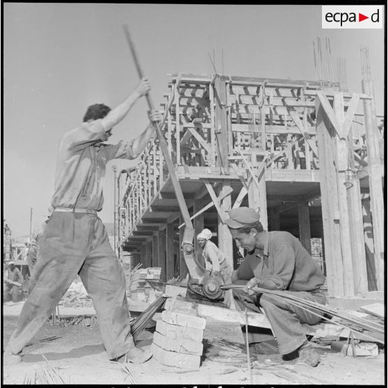 Des ouvriers algériens travaillent sur les chantiers de construction de nouveaux immeubles pour la ville d'Oran.