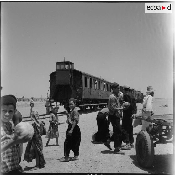 Passage d'un train devant des habitants de la région de Colomb Béchar.