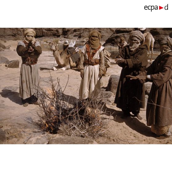 [Algérie, 1958-1961. Méharistes groupés autour d'un feu.]