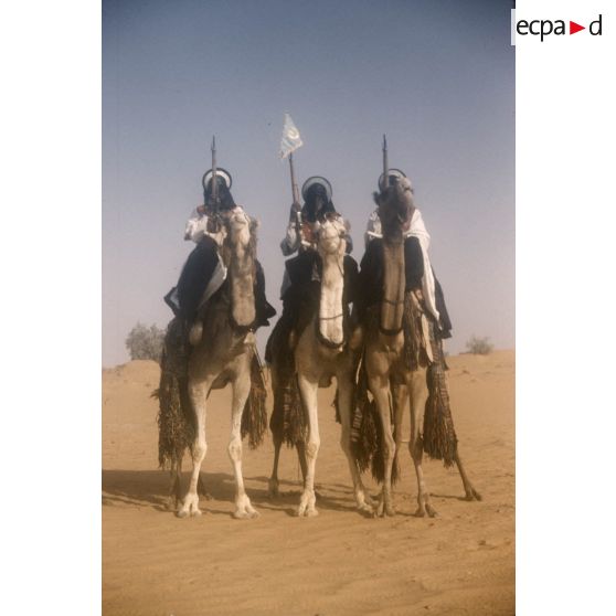 [Algérie, 1958-1961. Portrait de groupe de trois méharistes dont un porte le fanion de son unité.]