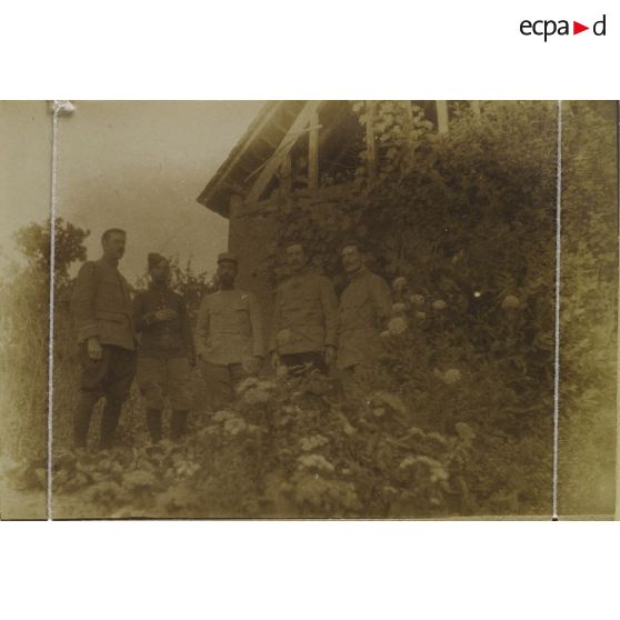 [Portrait de cinq militaires dans un jardin, s.d.]