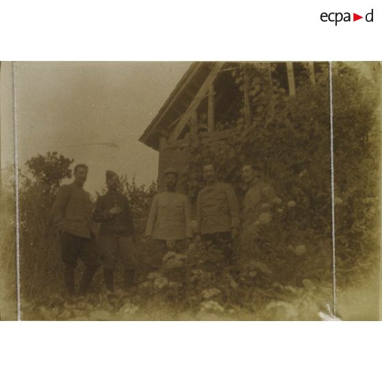 [Portrait de cinq militaires dans un jardin, s.d.]