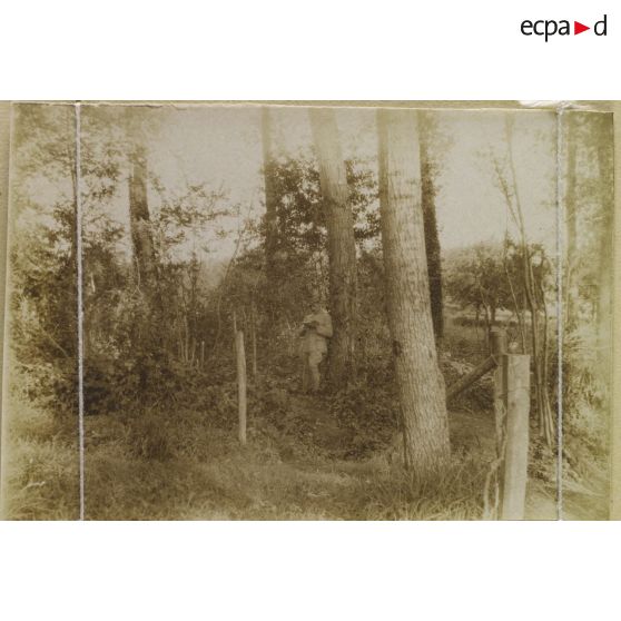 [Portrait de soldat lisant dans la forêt, s.d.]