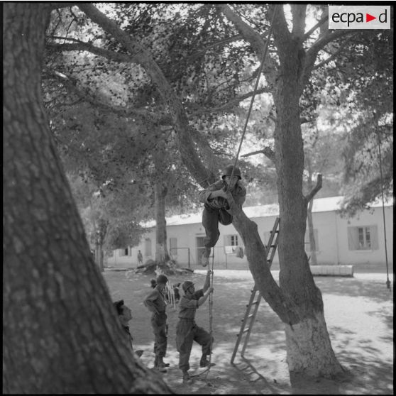 Au camp du Lido à Hussein Dey, des appelé s'entraînent à la tyrolienne.