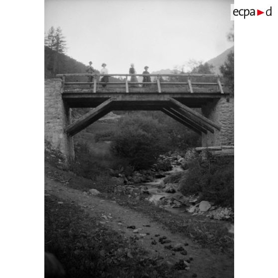 [Photographie de groupe sur un pont dans un paysage de montagne, s.d.]