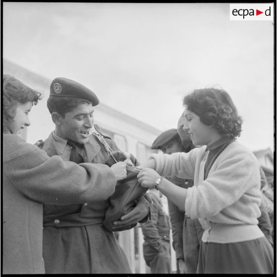 Des bénévoles de la Croix rouge caressant le chiot d'un parachutiste sur le port de Bône.