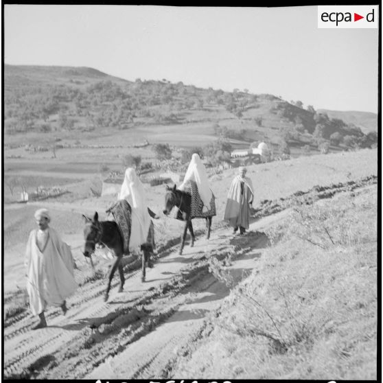 Deux femmes vêtus d'un haïk (long voile blanc) et voyageant à dos de mulet arrivent au poste de contrôle d'El Kseur (Kabylie).
