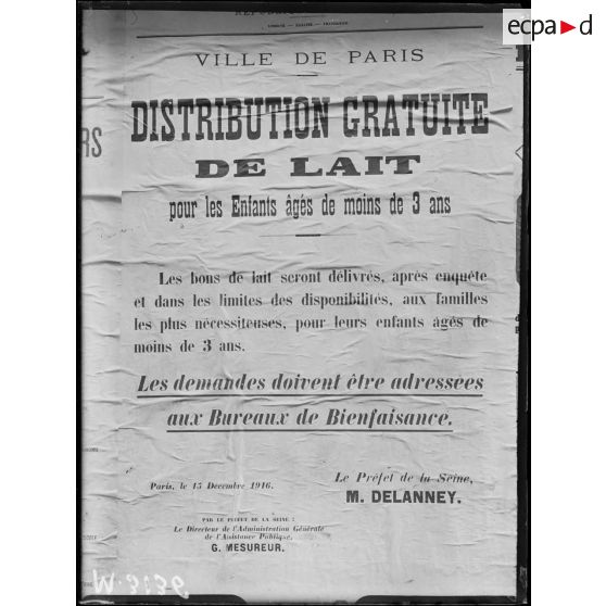 Paris, affiche. Distribution gratuite de lait. [légende d'origine]