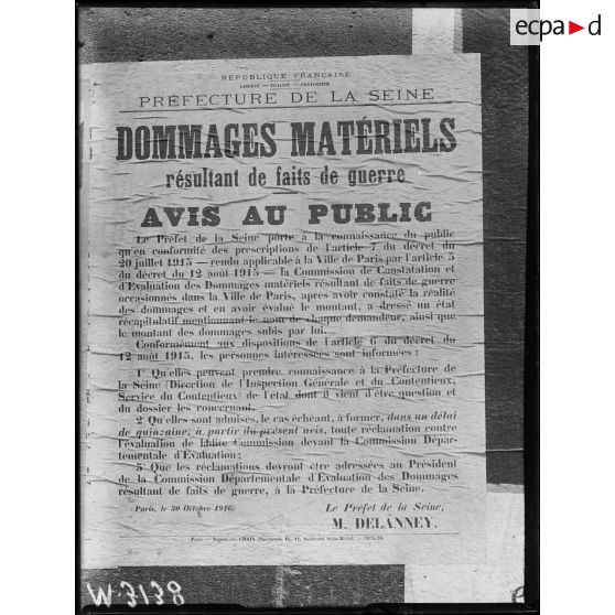 Paris, affiche. Dommages matériels résultant de faits de guerre. [légende d'origine]