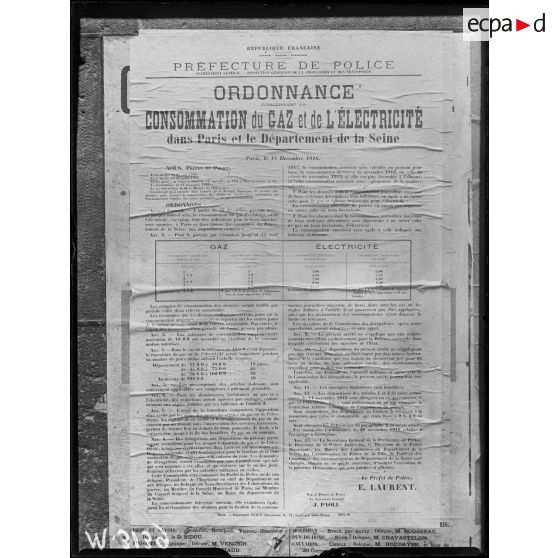 Paris, affiche. Ordonnance du 18 décembre 1916 sur la consommation du gaz et de l'électricité. [légende d'origine]