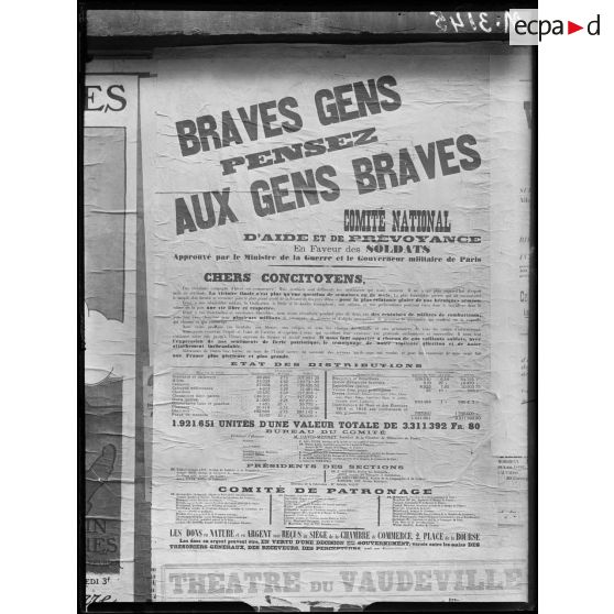 Paris, affiche sur le comité national d'aide et de prévoyance "Braves gens, pensez aux gens braves". [légende d'origine]