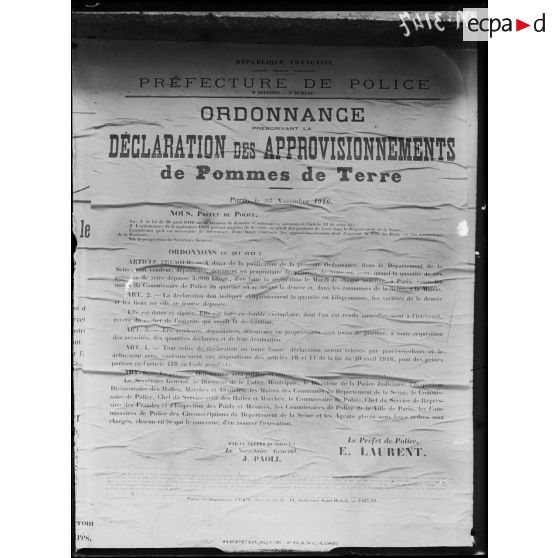 Paris, affiche ordonnance prescrivant la déclaration des approvisionnements de pomme de terre. [légende d'origine]