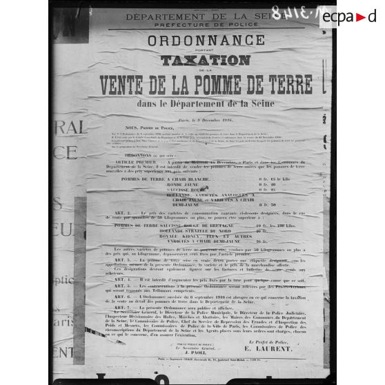 Paris, affiche sur la taxation de la vente de la pomme de terre dans le département de la Seine. [légende d'origine]