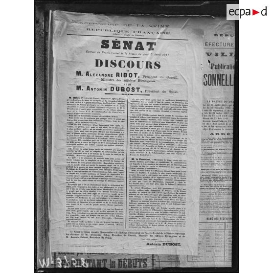 Paris, affiche, affichage des discours de Mr Ribot et Dubost au Sénat sur le message de Mr. Wilson. [légende d'origine]