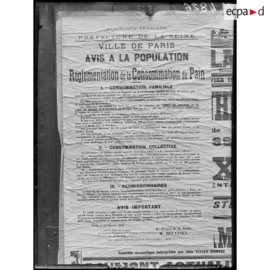 Paris, affiche, réglementation sur la consommation du pain. [légende d'origine]