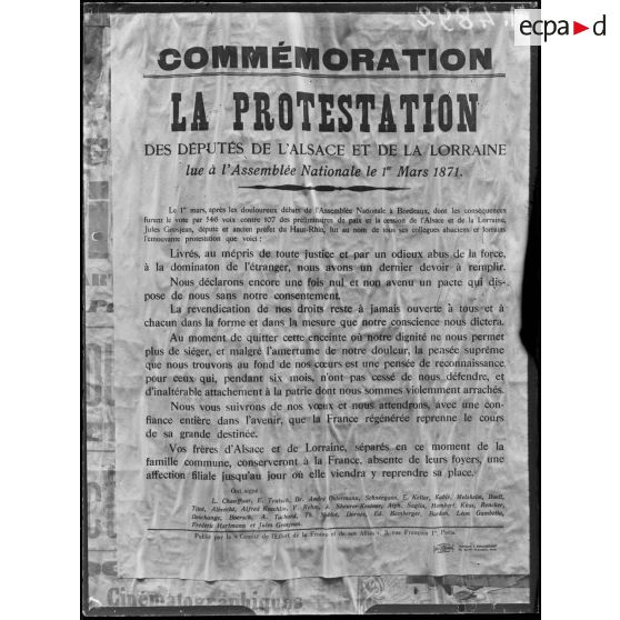 Paris, affiche, protestation des députés de l'Alsace et de la Lorraine lue à l'Assemblée Nationale le 1er mars 1871. [légende d'origine]