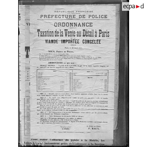 Paris, affiche sur la taxation de la viande congelée. [légende d'origine]