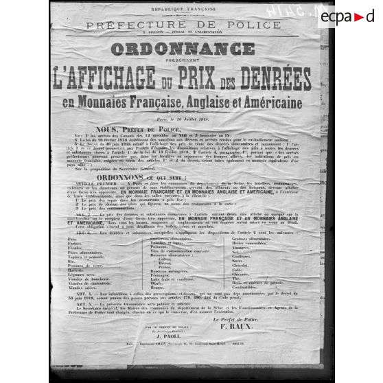 Paris, ordonnance prescrivant l'affichage du prix des denrées. [légende d'origine]