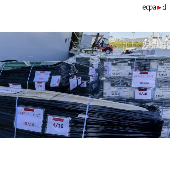 Dépose du matériel médical pour son chargement à bord du bâtiment de projection et de commandement (BPC) Le Tonnerre sur la base navale de Toulon.