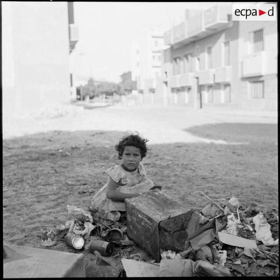 Une petite fille fouille dans une poubelle, après le cessez-le-feu à Port-Saïd.