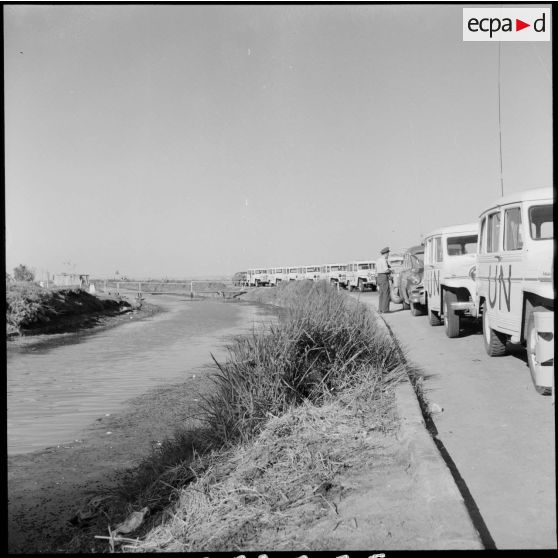 Les véhicules des observateurs de l'ONU, avant leur entrée dans le no man's land pour prendre contact avec les autorités égyptiennes.