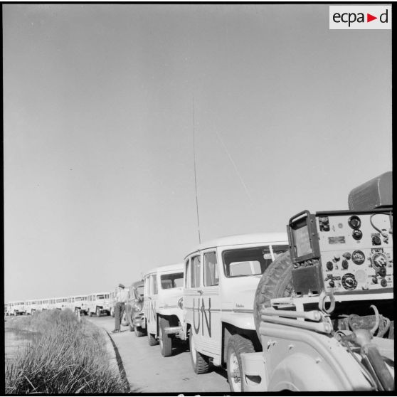 Les véhicules des observateurs de l'ONU, avant leur entrée dans le no man's land pour prendre contact avec les autorités égyptiennes.