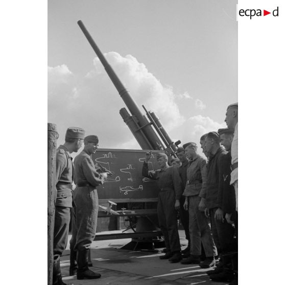 Un sous-officier de la Luftwaffe (Unteroffizier) de la FlaK apprend à des servants d'une pièce de 8,8 cm FlaK-18-L56.