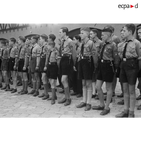 Alignement de jeunes membres de la Hitlerjungend venant de diverses régions d'Allemagne, lors d'une cérémonie du Nationalistischen Flieger-Korps (NSFK).